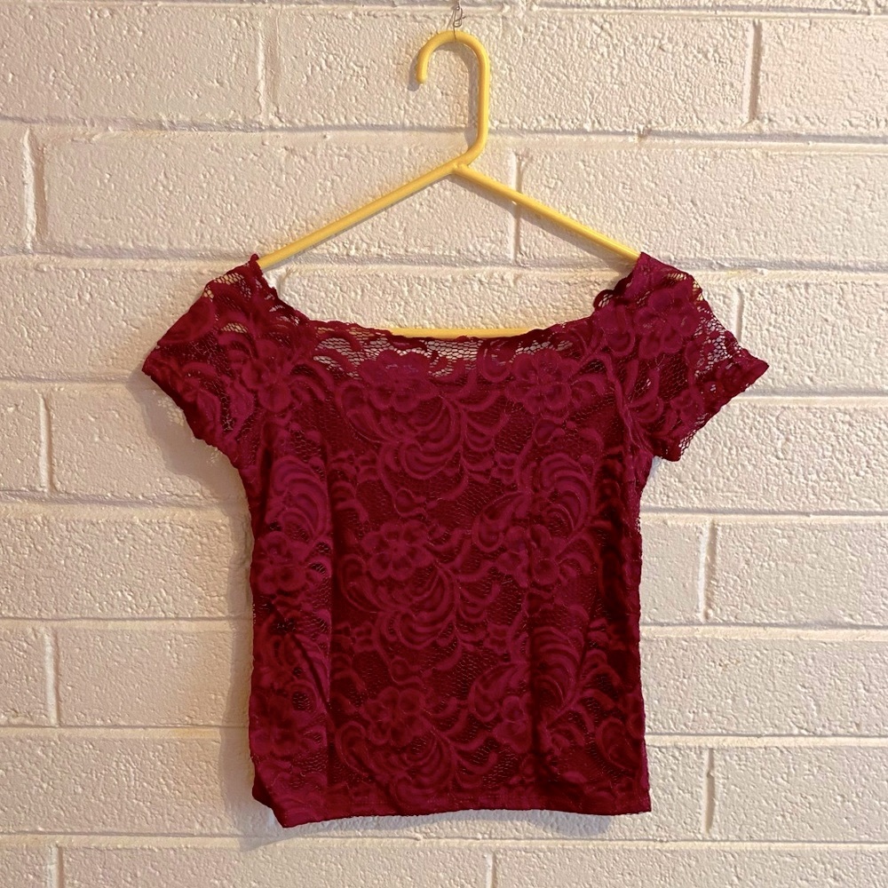Off shoulder open neck red sexy lace top blouse that stays up! Maroon medium